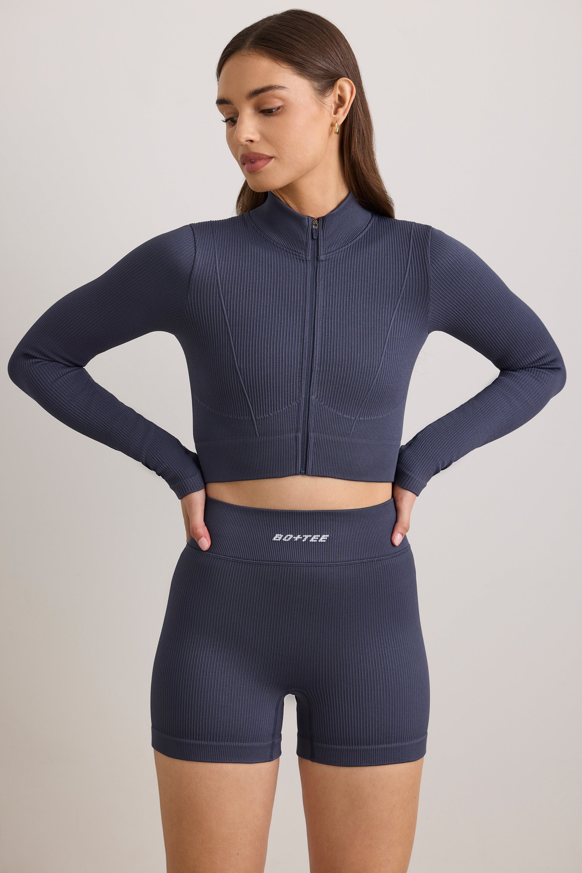 FlexiRib Zip-Up Cropped Jacket in Indigo Slate