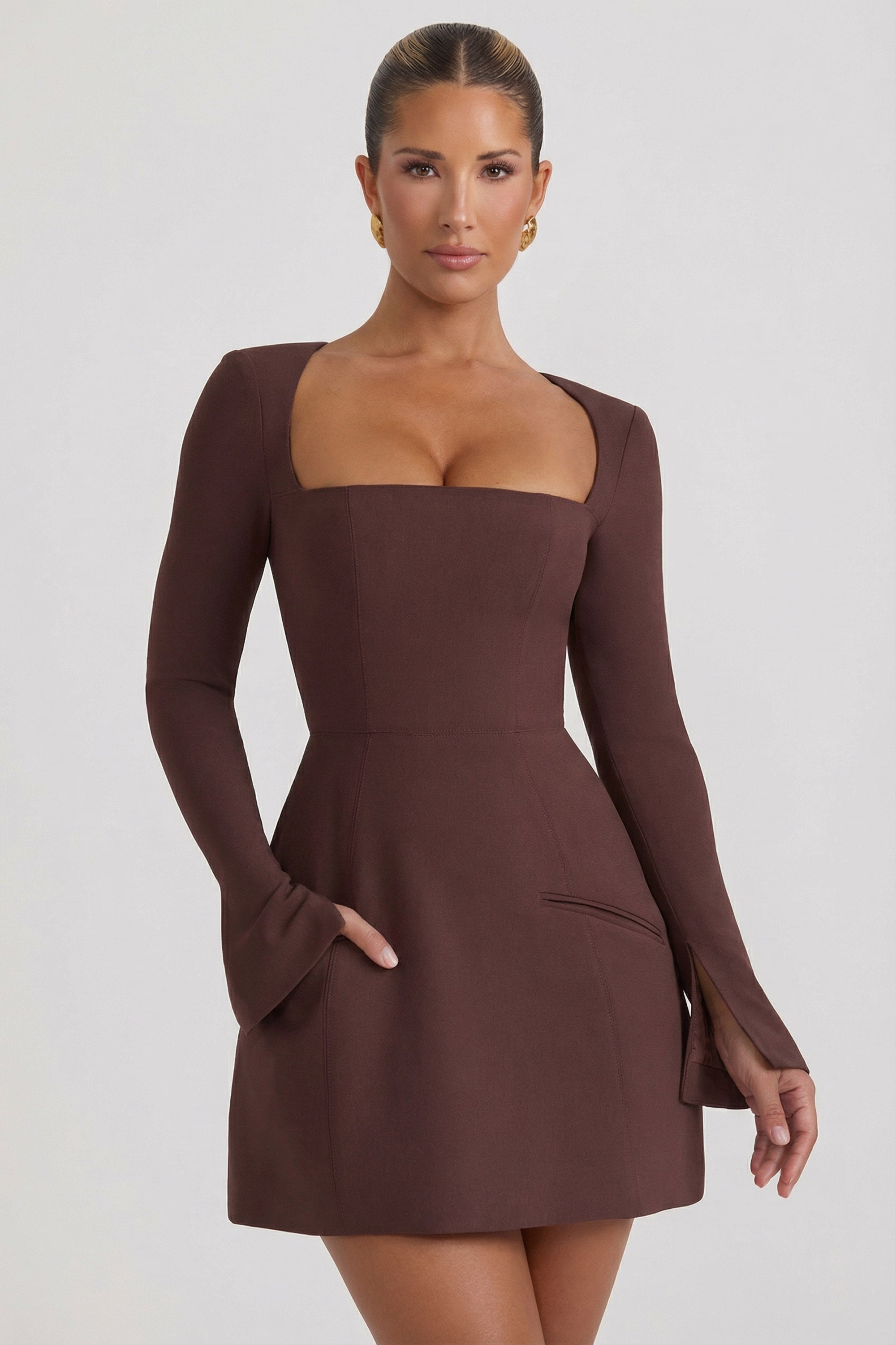 Square-Neck Structured Tulip Mini Dress in Chocolate Brown
